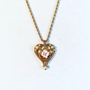 Vintage Avon Heart Pendant with Pink Flower and Faux Pearls Necklace